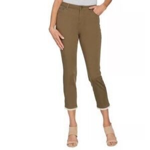 LOGO LORI GOLDSTEIN Green Brown Cropped Lace Trim Pants Women 14 Stretch FLAW